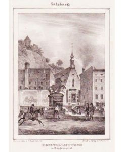 Hofstallschweme u. Bürgerspital (in der Stadt Salzburg). Orig. Lithographie von J. Stießberger nach Georg Pezolt.