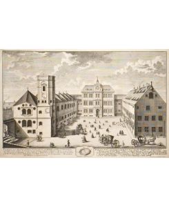 Prospect des Ao 1615 neuerbauten Gymnasij zu St. Anna samt der Bibliothec und Oberservatorio. Mit Bürgern, Schülern und Kutschen reich staffagierte Ansicht.