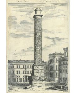 Columna Antonini. Ansicht der Mark-Aurel-Säule. Die mit einem spiralförmig angebrachten Reliefband versehene dorische Säule steht noch heute an ihrem ursprünglichen Platz auf der nach ihr benannten Piazza Colonna.