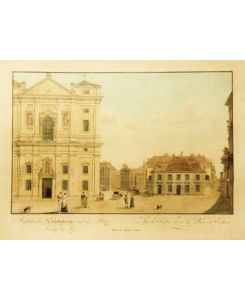 Wien. Aussicht der Schottenkirche und des Platzes bis auf den Hof. Altkolorierte Umrißradierung von C. Schütz, 1790.