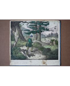 Anstand auf Kaninchen, Hund, Gewehr, Jäger, altkolorierter Holzstich um 1880 von Joseph Scholz, Blattgröße: 28 x 31, 2 cm, reine Bildgröße: 27 x 29, 5 cm.