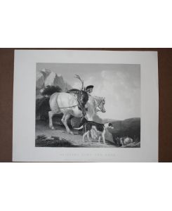 Bringing home the deer, Rentier, Jäger, Pferd, Stahlstich um 1850 von J. T. Willmore nach A. Cooper, Blattgröße: 23 x 30 cm, reine Bildgröße: 20 x 21, 5 cm.