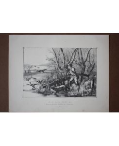 Wild Duck Shooting, Wildenten, Jäger, Hund, Gewehr, See, Lithographie um 1860 nach C. H. Weigall, Blattgröße: 23, 5 x 30, 5 cm, reine Bildgröße: 17, 8 x 22, 5 cm.