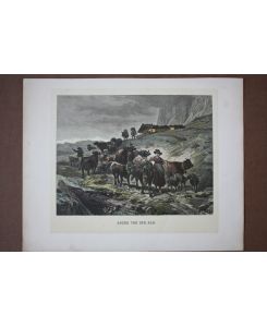 Abzug von der Alm, Almhütte, Sennerin, Rinder, altkolorierter Holzstich um 1870, Blattgröße: 26, 5 x 33, 5 cm, reine Bildgröße: 22 x 25, 5 cm.