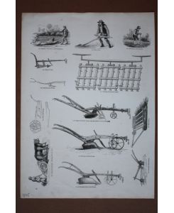 Ackerbau, Pflug, Bauern, Holzstich um 1845 mit mehreren Einzelabbildungen, Blattgröße: 35 x 25 cm, reine Bildgröße: 31, 5 x 22, 5 cm.
