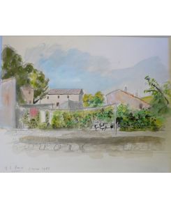 Studie einer kleinen Ortschaft in der Provence.   - Aquarell mit Tusche und Buntstift über Bleistift.