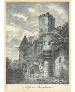 Schloß von Burghausen. Teil der Burg mit vierfach gekröpftem Turmvorsprung, viereckigem Zinnenturm und Torturm sowie bewachsenen Burgmauern, an denen zwei Edelleute und ein Falkner entlangreiten.