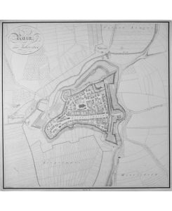 Rain im Jahre 1814. Stadtplan mit Heiliggeist- und Walkmühle an der Ach, unten Ziegelmoos und Mittelfeld.