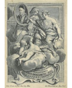 S. D. N. Benedicti XIII. . Brustbildnach viertellinks im Oval des Papstes, gehalten von einer weiblichen Figur, rechts eine weiter allegorische Figur, unten zwei Engel, sowie die Inschrift.
