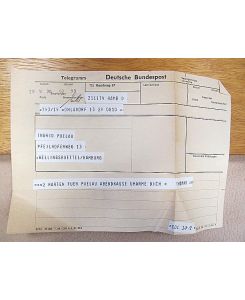 Telegramm von Thomas Bernhard - übermittelt durch die Deutsche Bundespost an Ingrid Puelau, Hamburg ( recte: Ingrid Bülau ) im Jahre 1970.