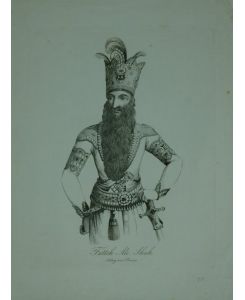 Portrait. Hüftbildnis en face mit langem Bart und Krone. Anonymer Kupferstich. Unten mit Schrift: Futteh Ali Schah, König von Persien.