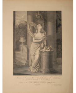 Portrait. Ganzfigur, stehend vor Säulen in Naturlandschaft. Kupferstich von Pierre Alexandre Tardieu nach F. Dumont.