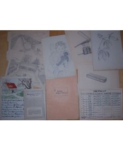Aktenmappe mit zwei Schulheften Kunstgeschichte (Klasse 9) und Deutsch (Klasse 12) sowie 8 Blättern, meist mit Zeichnungen der Schülerin Helga Kriebel an einer Oberschule der frühen DDR
