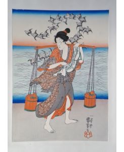 A Fisher Woman Drawing Water From the Sea by Utagawa Kuniyoshi (1797-1864); Reproduktion  - aus Women of Japan, Volume Two: Later Masters