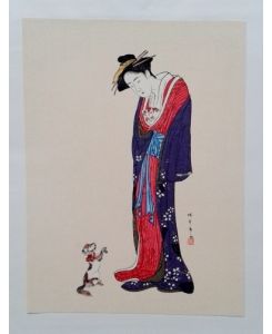 Woman With Cat and Dog by Katsukawa Shunso (1726-1792; Reproduktion  - aus Women of Japan, Volume One: Earlier Masters