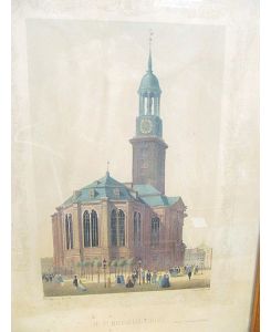 Die St. Michaeliskirche. Altkolorierte Lithographie ( Doppeltondruck ) mit ornamentaler Bordüre. Druck von Charles Fuchs.