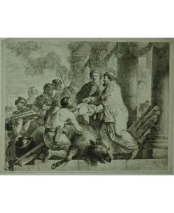 Policenus de Attalo. (König Attalus drückt beim Opfer der Leber des geschlachteten Tieres zwei Worte ein). Radierung. Plattensignatur links unten B. Rode.
