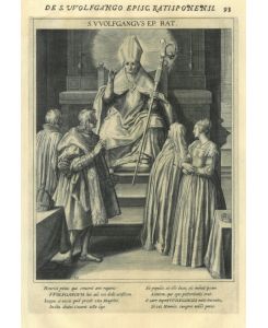 Ganzfigur en face, sitzend im Bischofsornat auf seinem Thron vor einem Altar, die Rechte erhoben zum Segen für die vor ihm stehenden vier erwachsenen Kinder Herzog Heinrichs des Zänkers von Bayern.