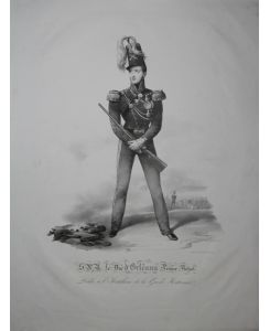 Portrait. Ganzfigur stehend in Uniform mit einem Gewehr. Lithographie von Fauconnier. Unten mit Druckbezeichnung Le Duc d'Orleans Prince Royale. Dedie a l'Artillerie de la Garde Nationale.