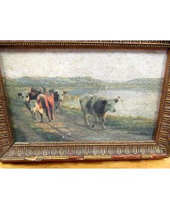 Kühe am Wasser. Kleinformatiges Ölgemälde auf Platte um 1850, unsigniert.