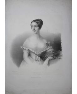 Portrait. Halbfigur mit schulterfreiem Kleid und hochgestecktem Haar. Großformatige Lithographie von Carl Wildt nach Friedrich L'Allemand.