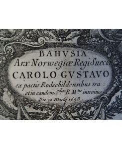 Bahusia Arx Norwegiae Regi Suecia. Kupferstich von A. Perelle nach Dahlbergh bei Samuel Baron von Pufendorf. 1697. 28, 5 x 36, 5 cm.