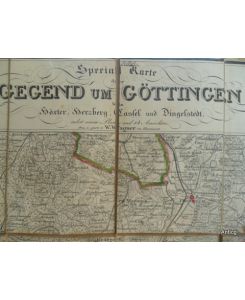 Special Karte der Gegend um Göttingen bis Höxter, Herzberg, Cassel, Dingelstedt, nebst einem Plan und 14 Ansichten. Gez. u. gest. v. W. Wagner in Hannover. [1:158700].