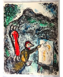 Devant St. Jeannet / Vor Saint Jeannet.   - (Vogel als Maler an einer Staffelei) Original-Farblithographie.  32 x 23 cm