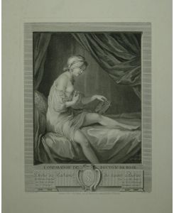 Comparaison du Bouton de Rose. Dame im Negligee auf einem Bett. Kupferstich von (Louis) Dennel nach St. Aubin.