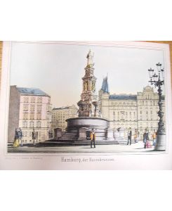 Hamburg, der Hansabrunnen. Kolorierte Lithographie auf einem Briefbogen.
