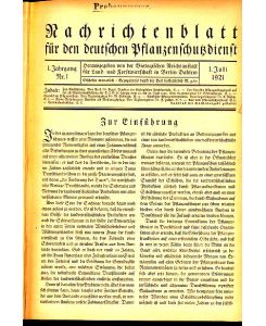 Nachrichtenblatt für den deutschen Pflanzenschutzdienst, 1. Jg. , Nr. 1-6, 2. -4 Jg.   - Hrsg. von der Biologischen Reichsanstalt für Land- und Forstwirtschaft in Berlin-Dahlem.