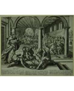 Das Gleichnis vom königlichen Hochzeitsmahl. Kupferstich nach M. de Vos. Unten mit Inschrift Gaudens gaudebo in domino etc.