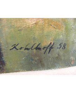 Selbstporträt des Künstlers vor Berliner Häusern. Öl auf Platte. Rechts unten mit *Kohlhoff (19)58 * signiert und etwas undeutlich datiert.