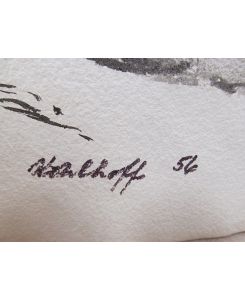 Schwarz-weiße Tuschzeichnung einer modernen Brücke über einen Fluß vor hohen Bergen. Mit *Kohlhoff (19)56 * rechts unten signiert und datiert. Blattmaß ca. 42 x 59 cm. Auf Bütten. Verso. . .