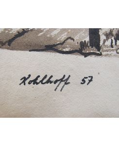 Schwarz-weiße Tuschzeichnung/Aquarellzeichnung eines Orts im Gebirge mit markanter Kirche am Ortseingang. Rechts unten mit *Kohlhoff (19)57 * signiert und datiert.