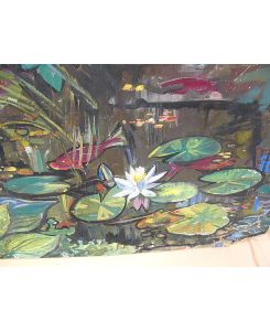 Seerosen, Blumen und Fische im Teich – Pastell auf Malkarton, verso signiert und mit Nachlaßstempel.