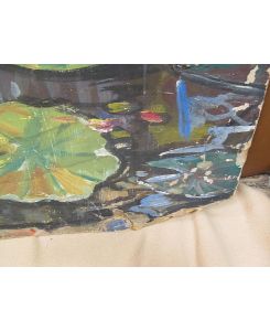 Seerosen, Blumen und Fische im Teich – Pastell auf Malkarton, verso signiert und mit Nachlaßstempel.