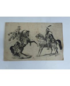 2 Husare in Uniformen auf Pferden. Holzschnitt um 1800