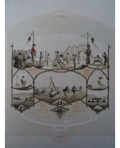 Pontonir-Uebung bei Lauenburg a/E. Getönte Lithographie von Scheibert von 1869. 32, 5 x 26, 5 cm.