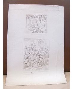Betender Jäger nach einem Ölgemälde von Schorn + Rafael die Madonna della Sedia componirend. In Stahl gestochen von Eichens nach einem Gemälde von Hopfgarten. Zwei Darstellungen . . .
