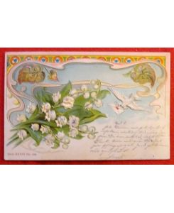 Ansichtskarte AK Brieftaube mit Brief und Schneeglöckchen, Jugendstilornamente (wunderschöne Karte, Farblitho, Prägedruck)  - (= Serie XXXIII No. 858)