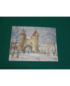 Nabburger Tor im Winter; Amberg in der Oberpfalz. Original- Farb- Aquarell auf Malkarton aus dem Jahre 1957.   - Monogrammiert: WE 57