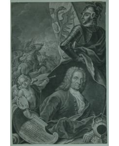 Bildnis des Schlachtenmalers Georg Philipp Rugendas. Brustfigur in ovalem Segment, links ein Putto mit Malerpalette, dahinter Schlachtgetümmel. Mezzotinto (Schabkunst) von Johann Jakob Haid nach Johann Georg Bergmüller.