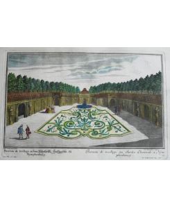 „ Berceau de treillage in dem Churfürstle Hoffgarten zu Nymphenburg. “Kolorierter Original Kupferstich bei Jeremias Wolff (1663-1724) nach einer Zeichnung von Matthias Diesel (1675-1752), gestochen von Karl Remshard.
