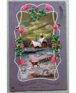 Ansichtskarte AK Herzlichen Glückwunsch zum Neuen Jahr (Prägekarte mit Blumen, Kirche und Reh im Schnee)