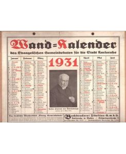 Kalender (Wandkalender zum Aufhängen) 1931 des Evengelischen Gemeindeboten für die Stadt Karlsruhe