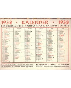 Kalender (Wandkalender zum Aufhängen) 1938 der Buchdruckerei Fidelitas, Karlsruhe