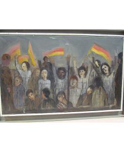 Demonstranten mit deutschen Fahnen hinter Stacheldraht, wohl an der innerdeutschen Grenze. Öl auf Platte, verso signiert und mit (19)63 und (19)85 datiert, Künstlerrahmung.