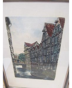 Hamburg: Fleet bei der Mattentwiete. Farbiges Aquarell auf Büttenpapier, rechts unten mit *Wigger * signiert und in Bleistift untenstehend bezeichnet. Unter Glas gerahmt – undatiert, ca. um 1930.