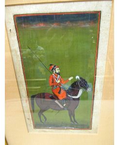 Persische oder osmanische Minatur auf Papier: Lanzenreiter auf braunem Pferd. Alt unter Passepartout und Glas gerahmt.